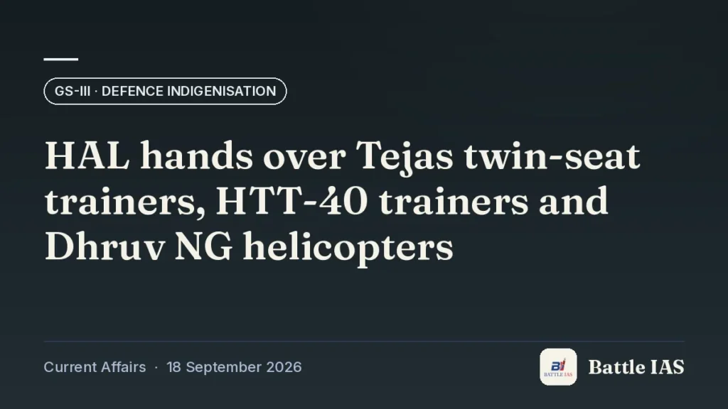Battle IAS current affairs title card: HAL hands over Tejas twin-seat trainers, HTT-40 trainers and Dhruv NG helicopters (GS3 · Defence indigenisation, 18 September 2026)