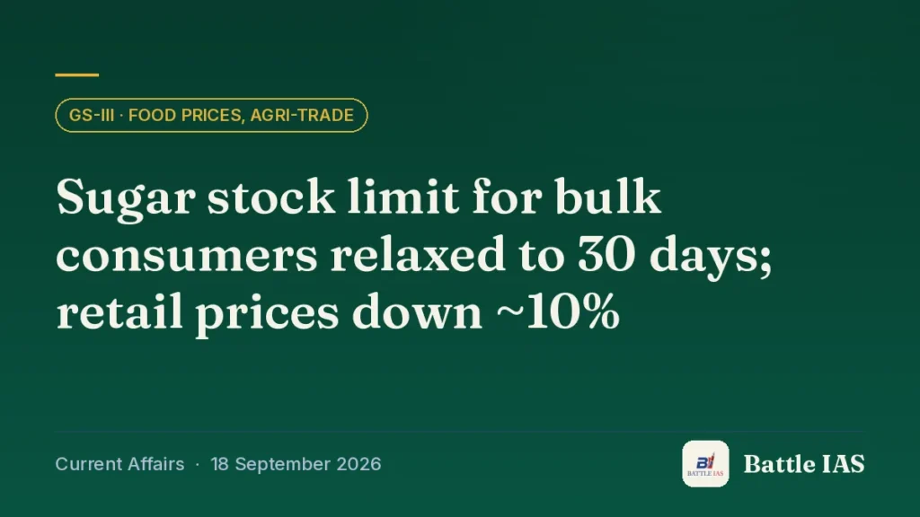 Battle IAS current affairs title card: Sugar stock limit for bulk consumers relaxed to 30 days; retail prices down ~10% (GS3 · Food prices, agri-trade, 18 September 2026)