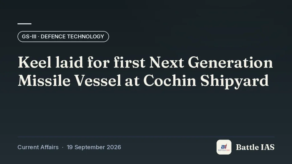 Battle IAS current affairs title card: Keel laid for first Next Generation Missile Vessel at Cochin Shipyard (GS3 · Defence technology, 19 September 2026)