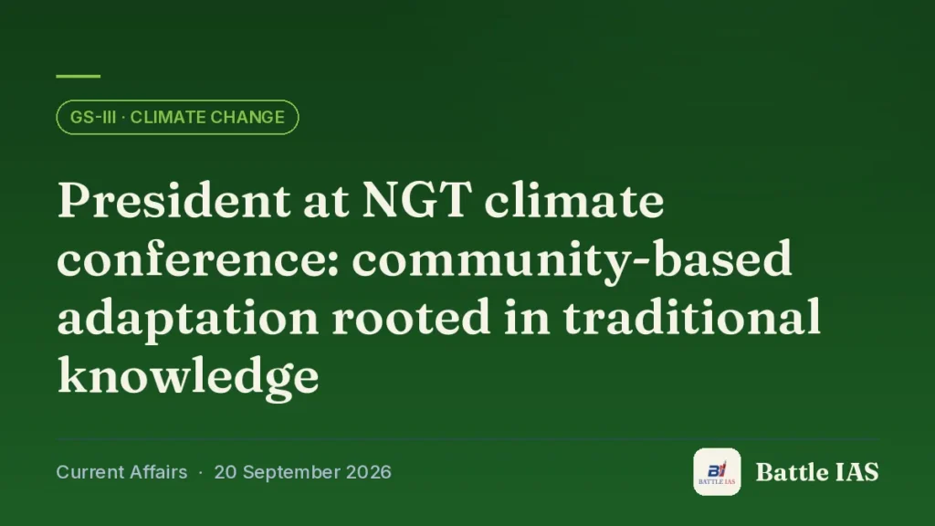 Battle IAS current affairs title card: President at NGT climate conference: community-based adaptation rooted in traditional knowledge (GS3 · Climate change, 20 September 2026)