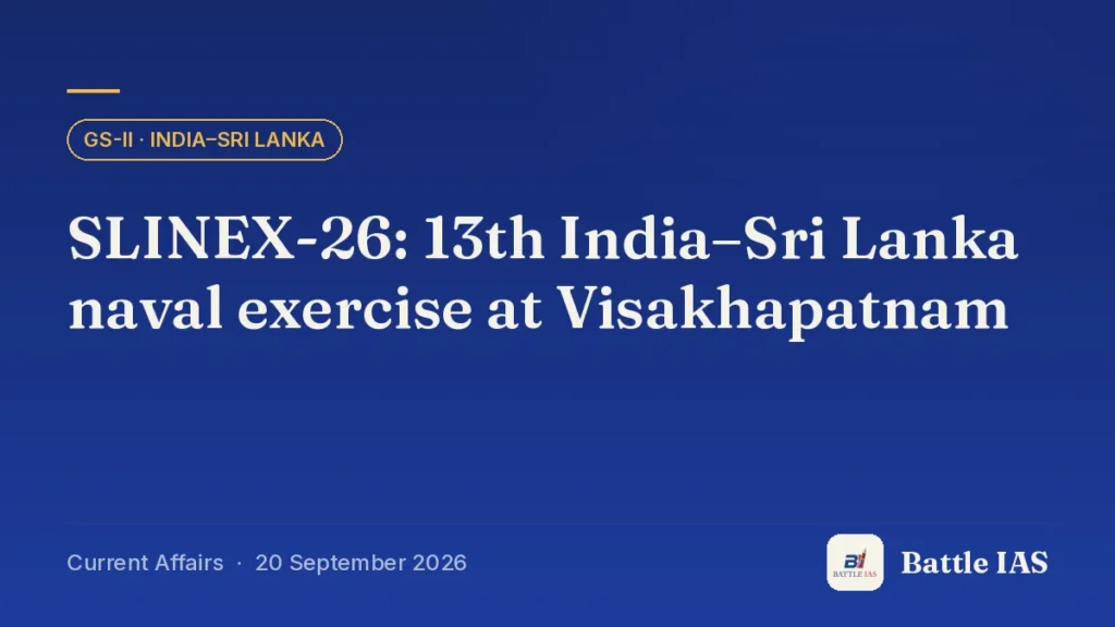 Battle IAS current affairs title card: SLINEX-26: 13th India–Sri Lanka naval exercise at Visakhapatnam (GS2 · India–Sri Lanka, 20 September 2026)