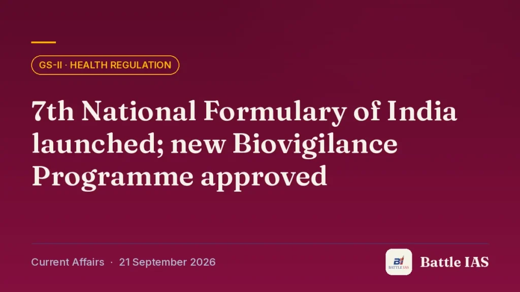 Battle IAS current affairs title card: 7th National Formulary of India launched; new Biovigilance Programme approved (GS2 · Health regulation, 21 September 2026)