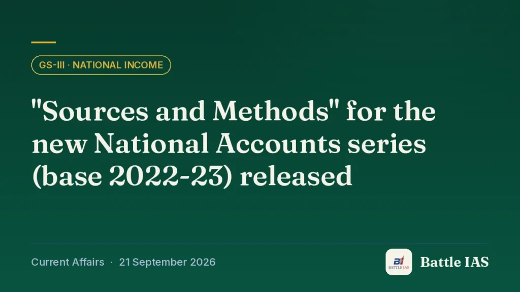 Battle IAS current affairs title card: "Sources and Methods" for the new National Accounts series (base 2022-23) released (GS3 · National income, 21 September 2026)