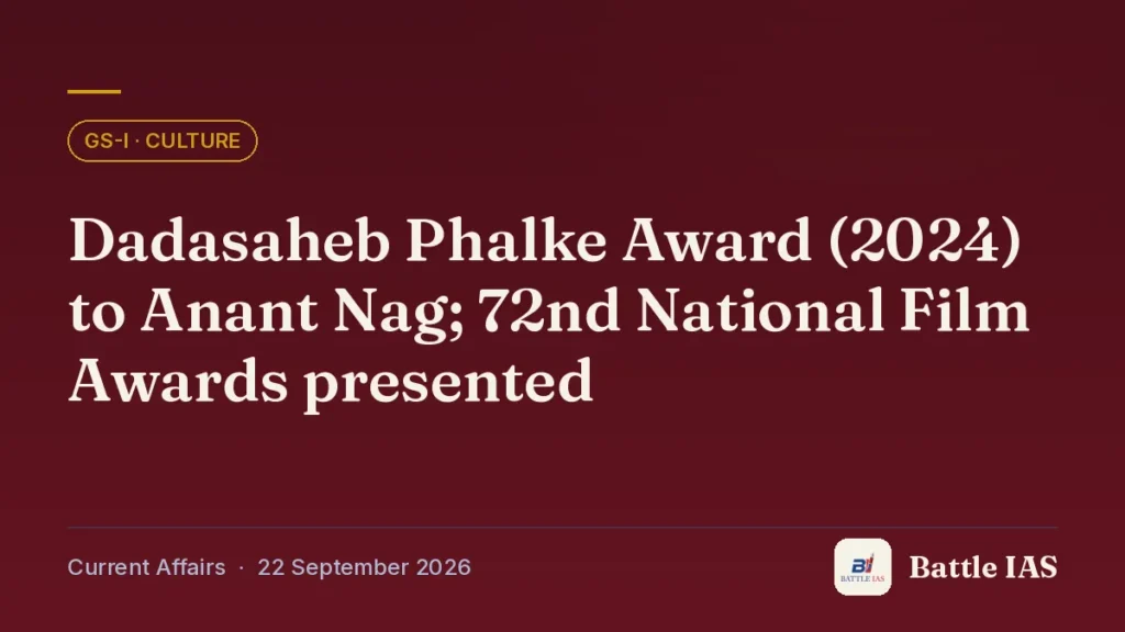 Battle IAS current affairs title card: Dadasaheb Phalke Award (2024) to Anant Nag; 72nd National Film Awards presented (GS1 · Culture, 22 September 2026)