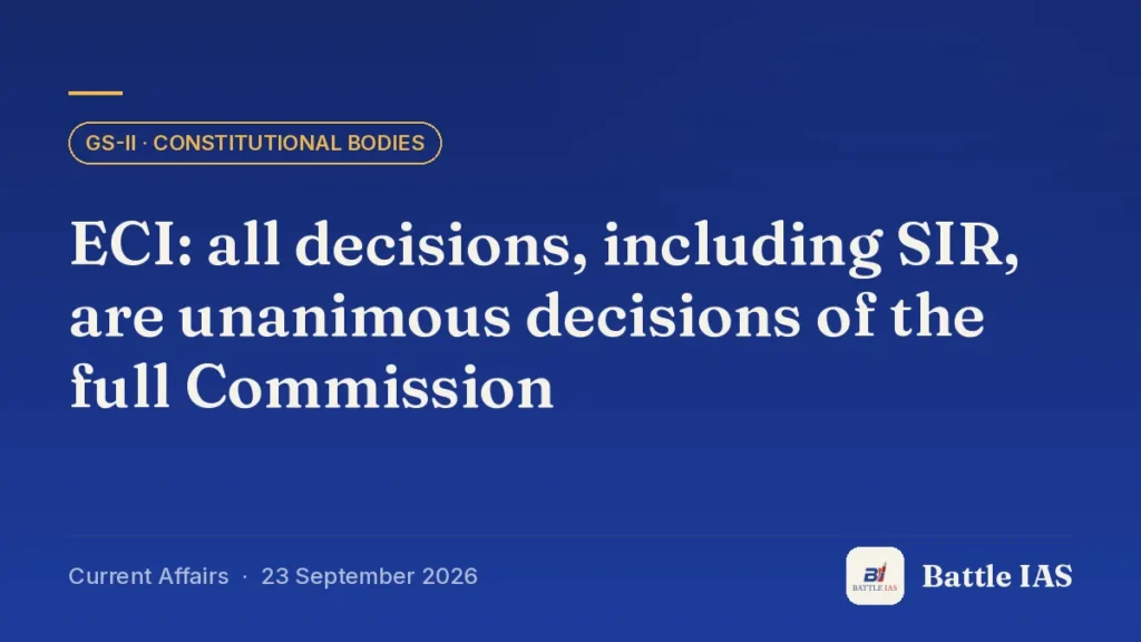 Battle IAS current affairs title card: ECI: all decisions, including SIR, are unanimous decisions of the full Commission (GS2 · Constitutional bodies, 23 September 2026)