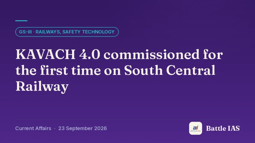 Battle IAS current affairs title card: KAVACH 4.0 commissioned for the first time on South Central Railway (GS3 · Railways, safety technology, 23 September 2026)