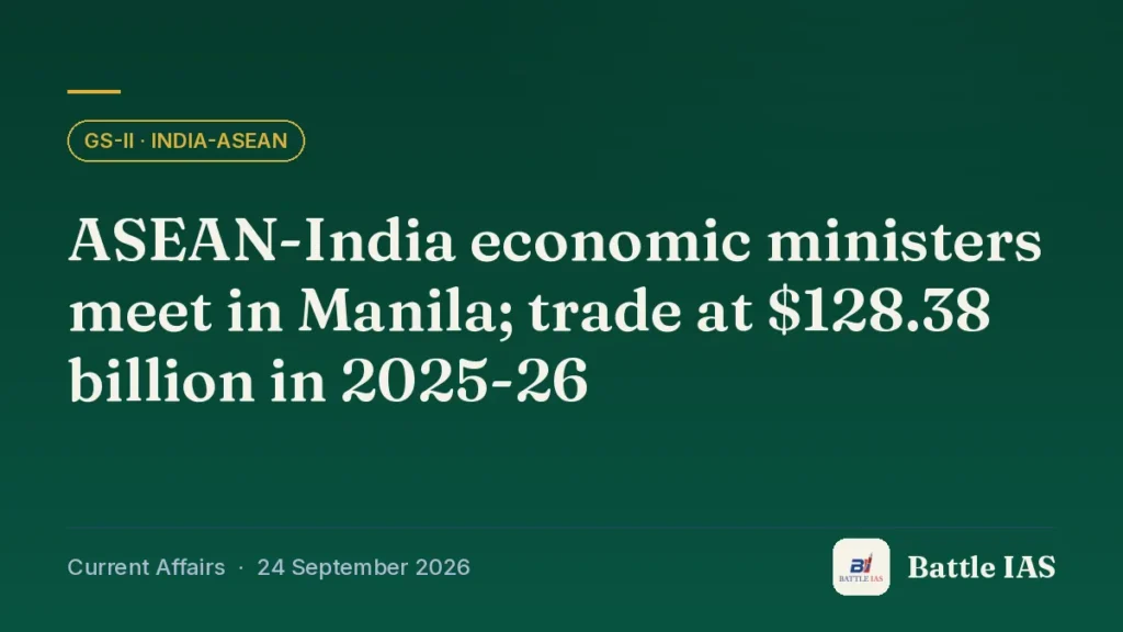 Battle IAS current affairs title card: ASEAN-India economic ministers meet in Manila; trade at $128.38 billion in 2025-26 (GS2 · India-ASEAN, 24 September 2026)