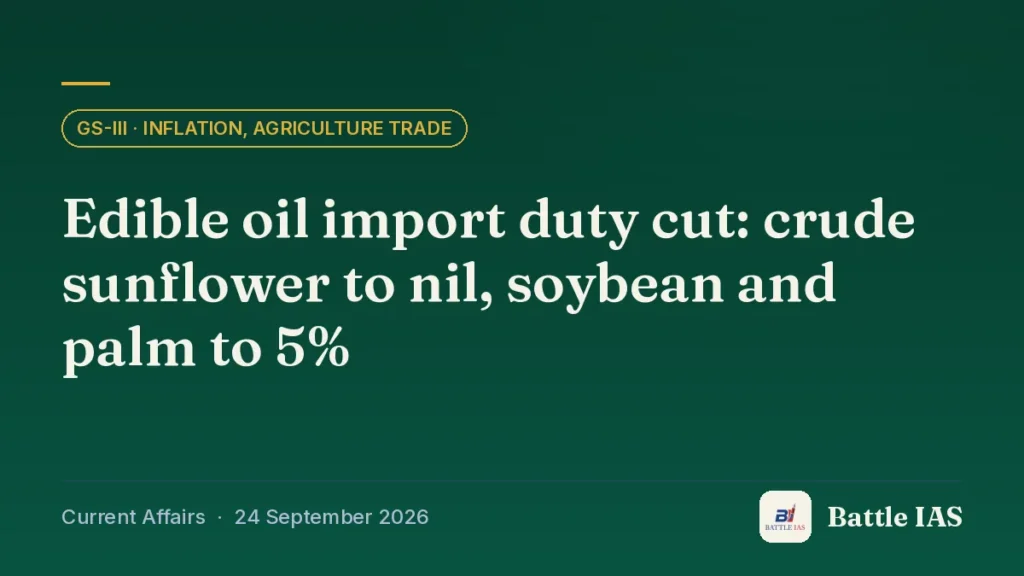 Battle IAS current affairs title card: Edible oil import duty cut: crude sunflower to nil, soybean and palm to 5% (GS3 · Inflation, agriculture trade, 24 September 2026)