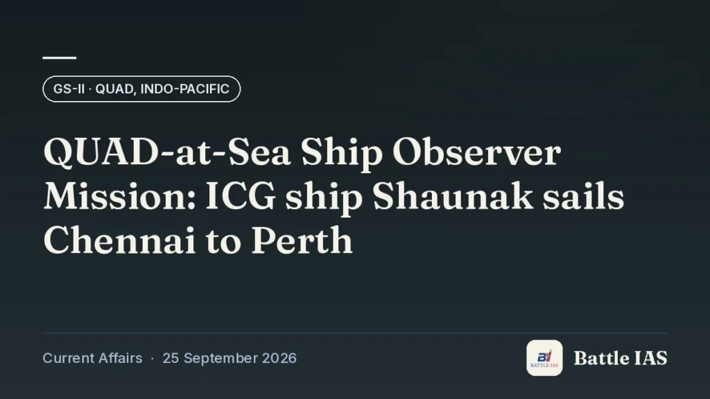 Battle IAS current affairs title card: QUAD-at-Sea Ship Observer Mission: ICG ship Shaunak sails Chennai to Perth (GS2 · Quad, Indo-Pacific, 25 September 2026)