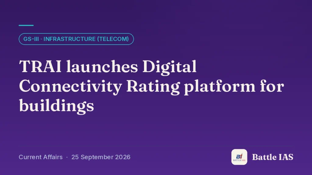 Battle IAS current affairs title card: TRAI launches Digital Connectivity Rating platform for buildings (GS3 · Infrastructure (telecom), 25 September 2026)