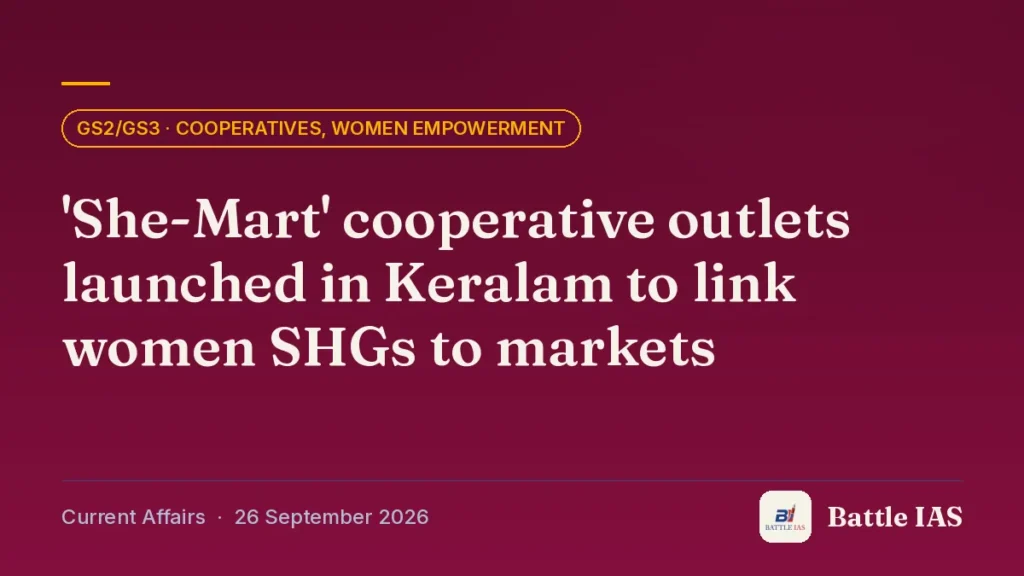 Battle IAS current affairs title card: 'She-Mart' cooperative outlets launched in Keralam to link women SHGs to markets (GS2/GS3 · Cooperatives, women empowerment, 26 September 2026)