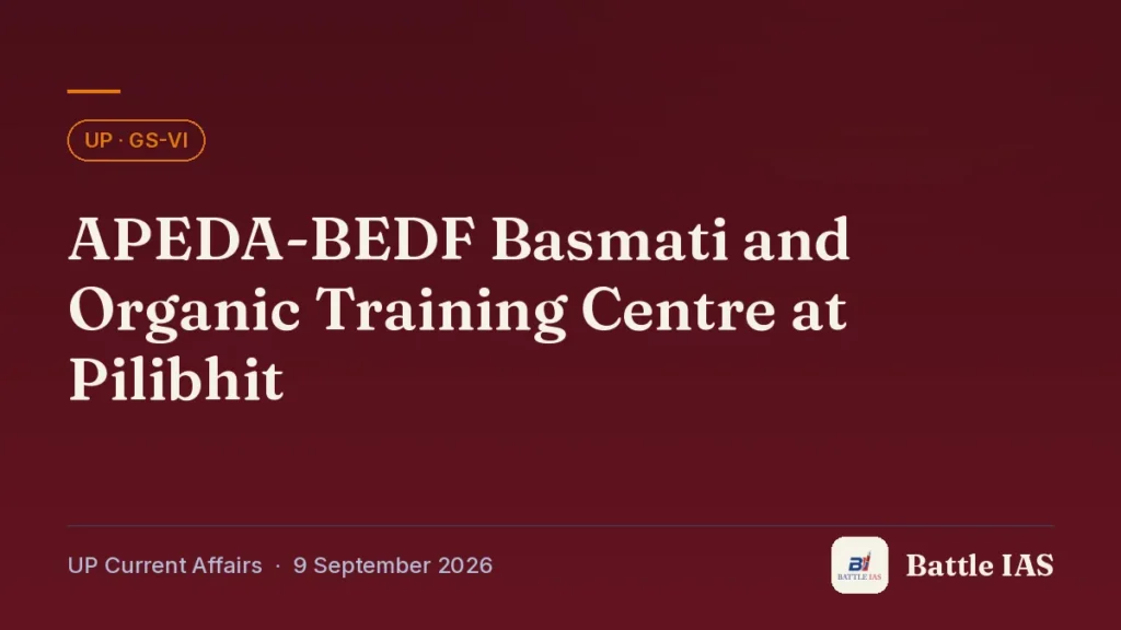 Battle IAS UP current affairs title card: APEDA-BEDF Basmati and Organic Training Centre at Pilibhit (, 9 September 2026)