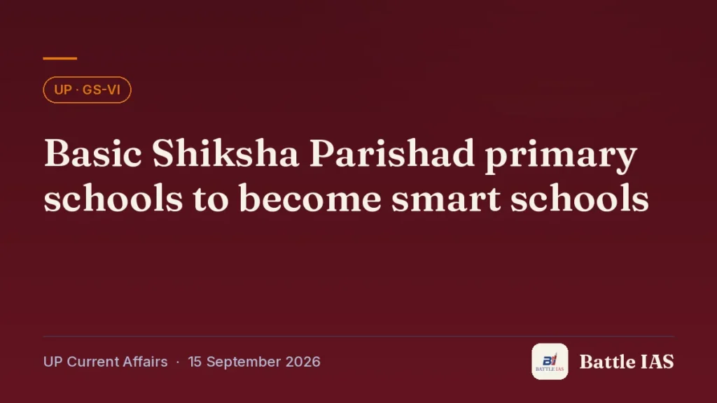 Battle IAS UP current affairs title card: Basic Shiksha Parishad primary schools to become smart schools (, 15 September 2026)