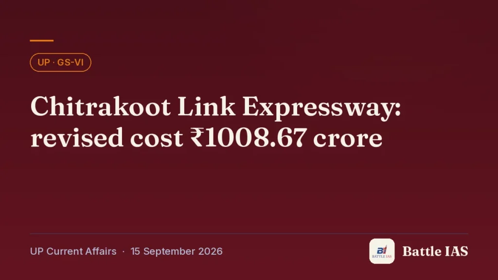 Battle IAS UP current affairs title card: Chitrakoot Link Expressway: revised cost ₹1008.67 crore (, 15 September 2026)