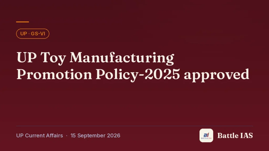 Battle IAS UP current affairs title card: UP Toy Manufacturing Promotion Policy-2025 approved (, 15 September 2026)