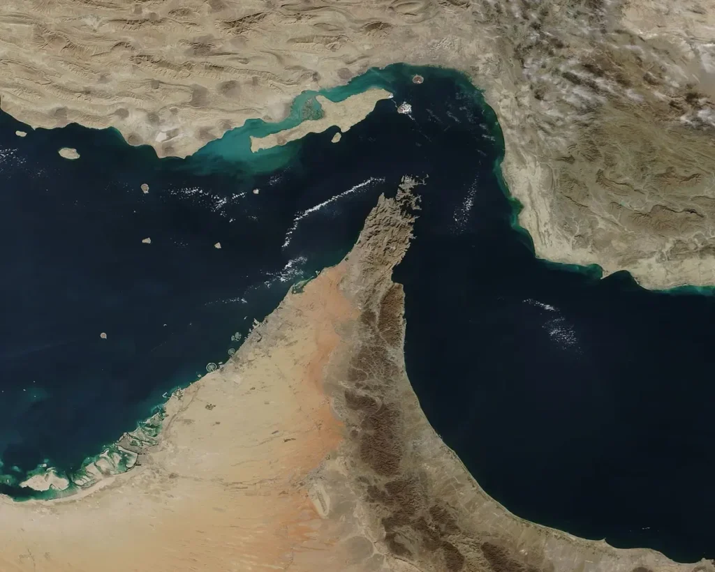 NASA satellite view of the Strait of Hormuz and Musandam Peninsula, a key route for ships with Indian crews