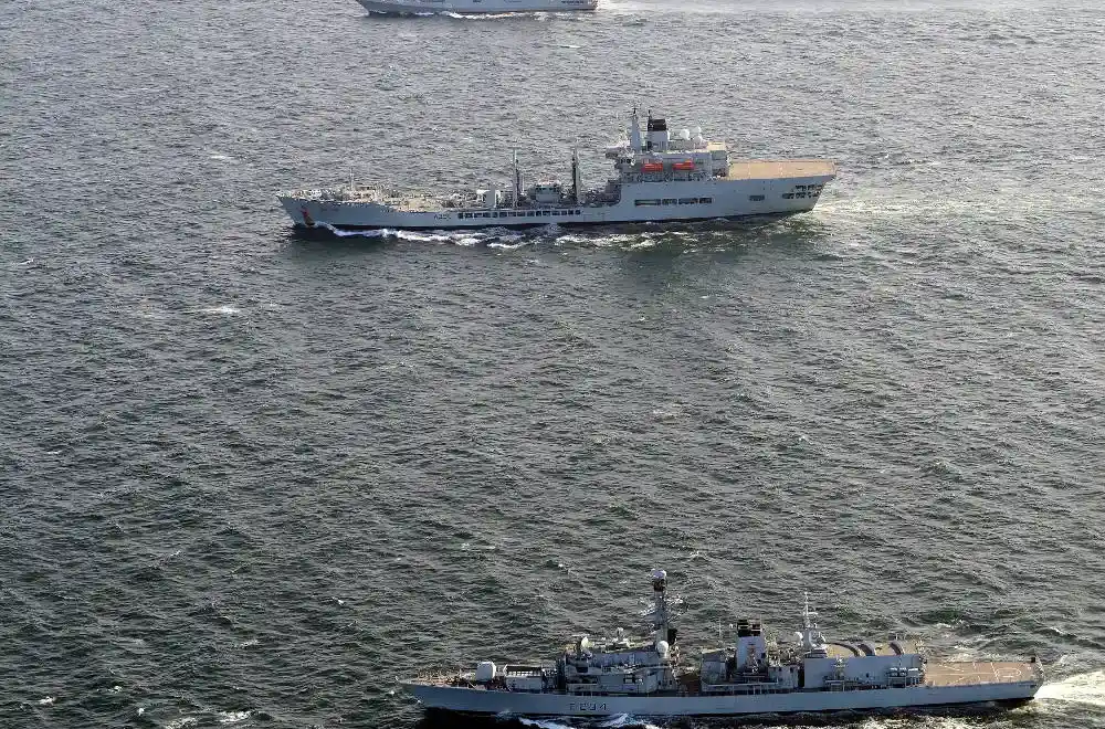 INS Trikand sailing with Royal Navy ships during an earlier edition of Exercise KONKAN (2015)