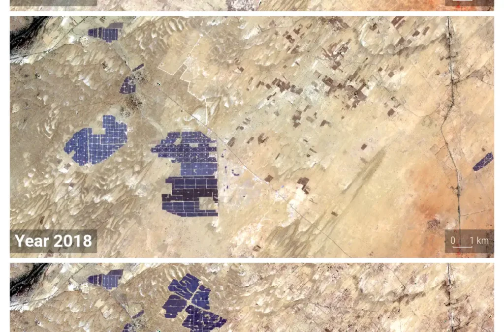 Satellite view of the solar parks at Bhadla, Rajasthan; cheap solar power is the key input for green hydrogen