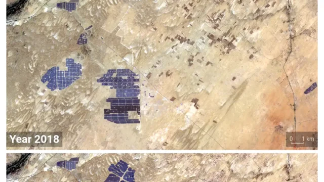 Satellite view of the solar parks at Bhadla, Rajasthan; cheap solar power is the key input for green hydrogen