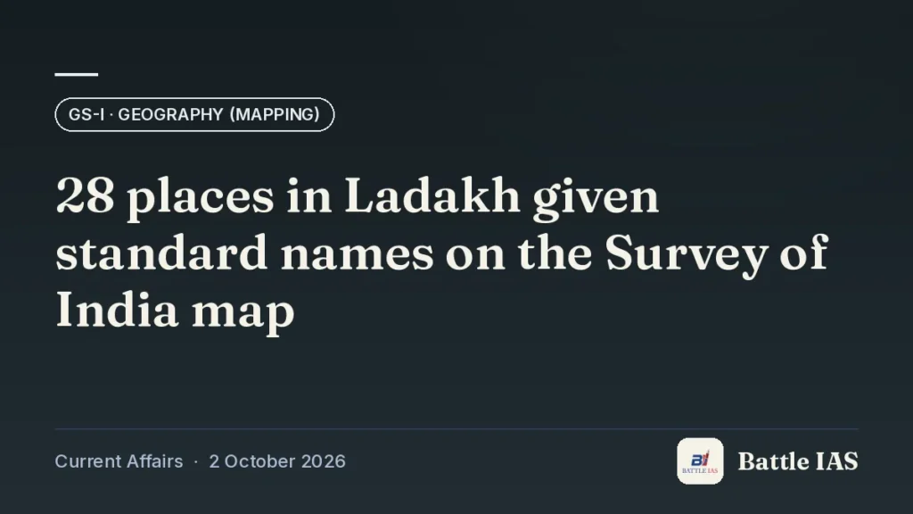 Battle IAS current affairs title card: 28 places in Ladakh given standard names on the Survey of India map (GS1 · Geography (mapping), 2 October 2026)
