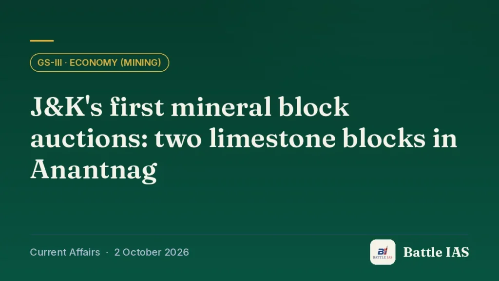 Battle IAS current affairs title card: J&K's first mineral block auctions: two limestone blocks in Anantnag (GS3 · Economy (mining), 2 October 2026)