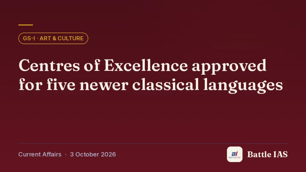 Battle IAS current affairs title card: Centres of Excellence approved for five newer classical languages (GS1 · Art & culture, 3 October 2026)