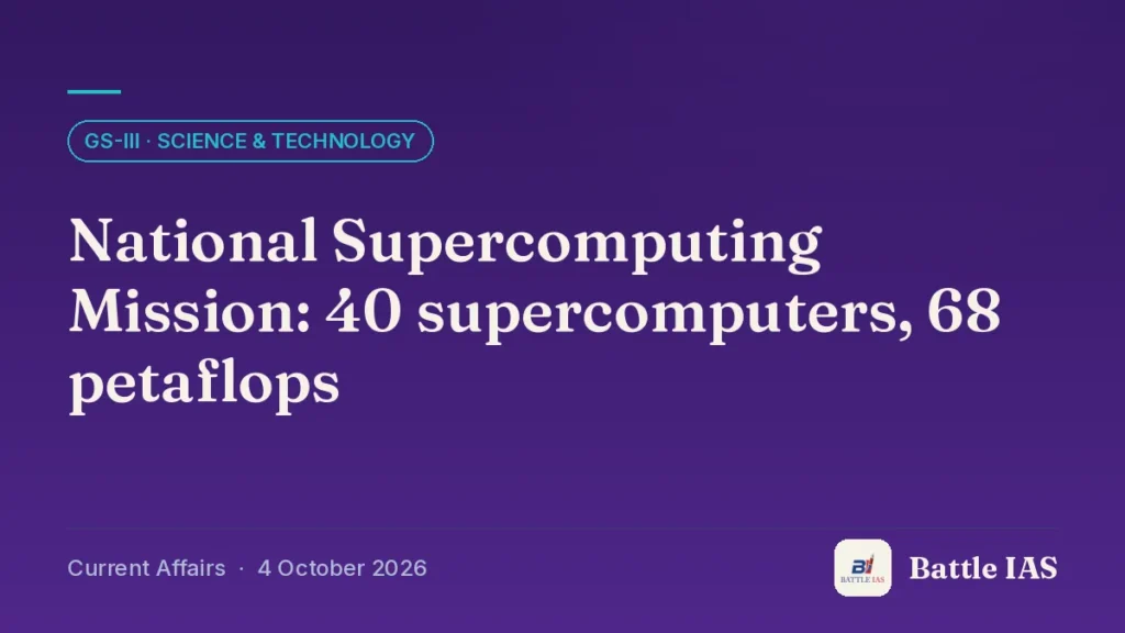Battle IAS current affairs title card: National Supercomputing Mission: 40 supercomputers, 68 petaflops (GS3 · Science & technology, 4 October 2026)