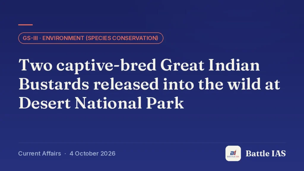 Battle IAS current affairs title card: Two captive-bred Great Indian Bustards released into the wild at Desert National Park (GS3 · Environment (species conservation), 4 October 2026)