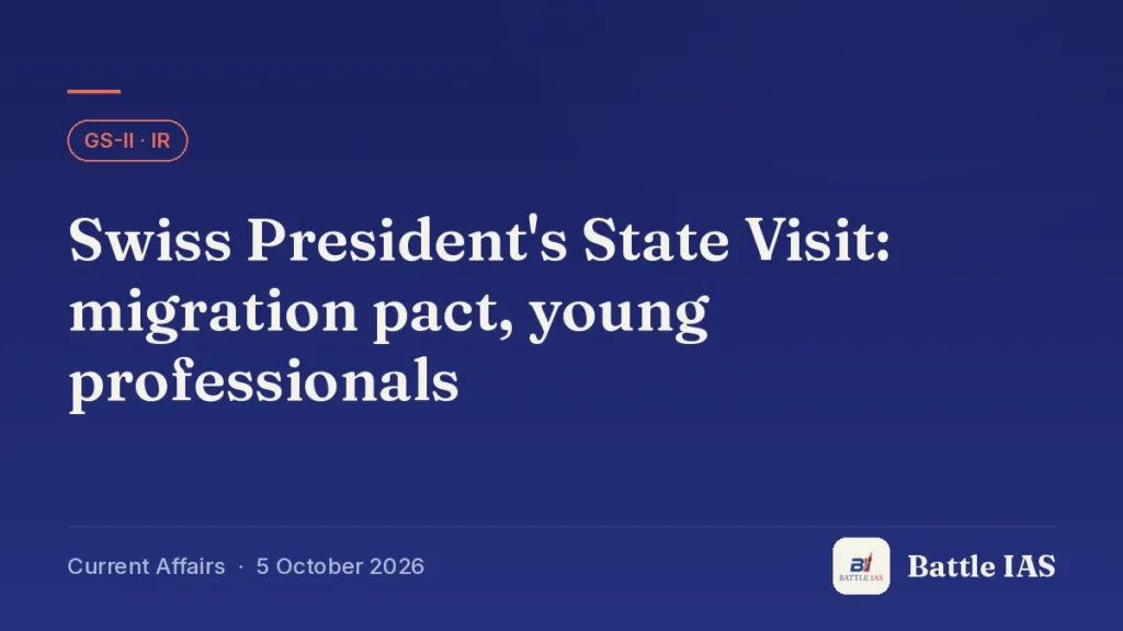 Battle IAS current affairs title card: Swiss President's State Visit: migration pact, young professionals (GS2 · IR, 5 October 2026)