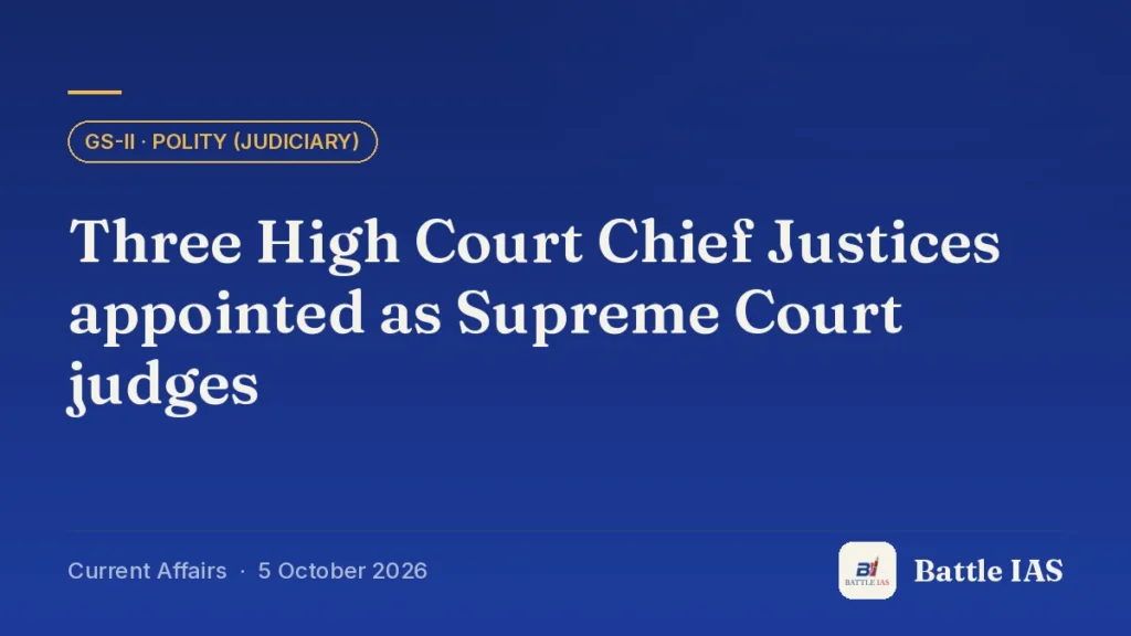 Battle IAS current affairs title card: Three High Court Chief Justices appointed as Supreme Court judges (GS2 · Polity (judiciary), 5 October 2026)