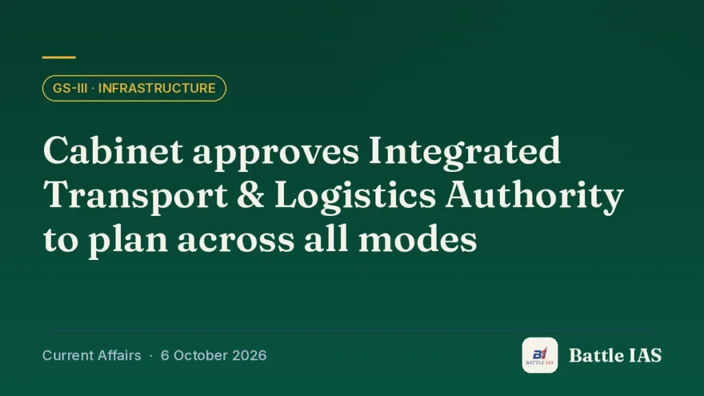 Battle IAS current affairs title card: Cabinet approves Integrated Transport & Logistics Authority to plan across all modes (GS3 · Infrastructure, 6 October 2026)
