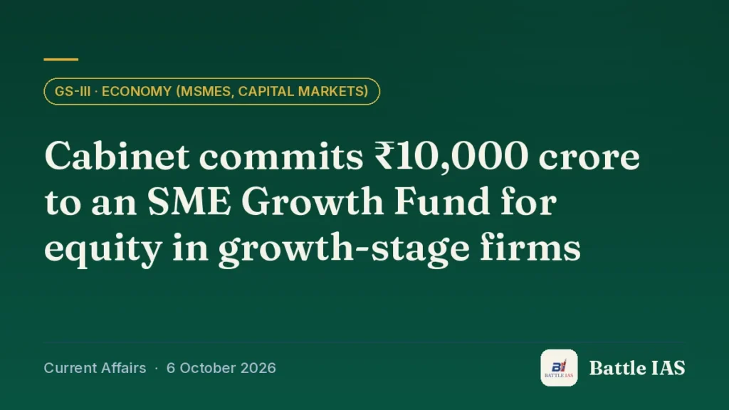 Battle IAS current affairs title card: Cabinet commits ₹10,000 crore to an SME Growth Fund for equity in growth-stage firms (GS3 · Economy (MSMEs, capital markets), 6 October 2026)