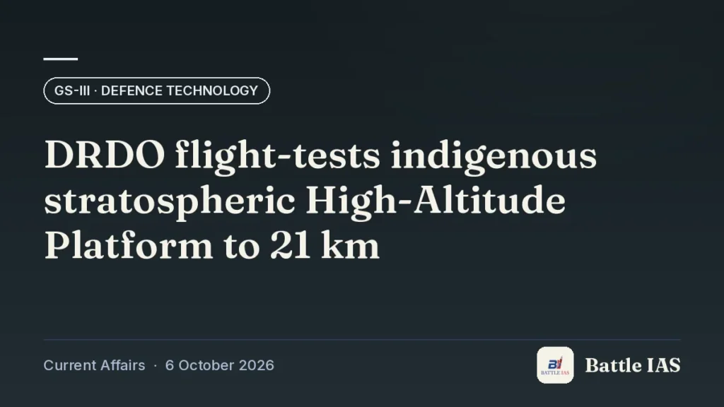 Battle IAS current affairs title card: DRDO flight-tests indigenous stratospheric High-Altitude Platform to 21 km (GS3 · Defence technology, 6 October 2026)