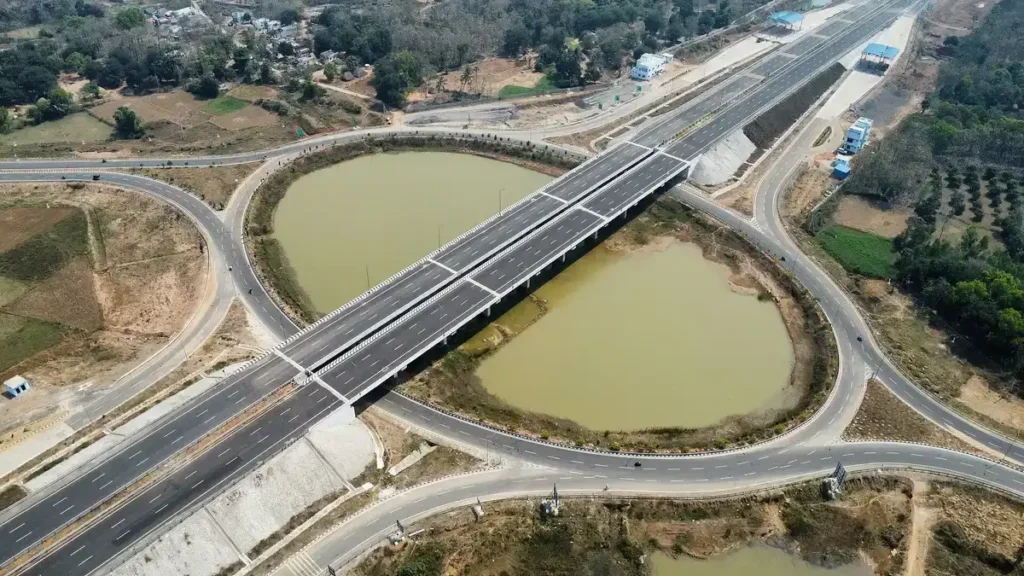 Aerial view of an interchange on the Raipur–Visakhapatnam expressway