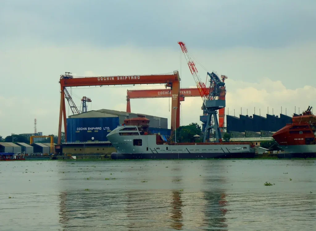 Cranes at Cochin Shipyard on the Kerala coast