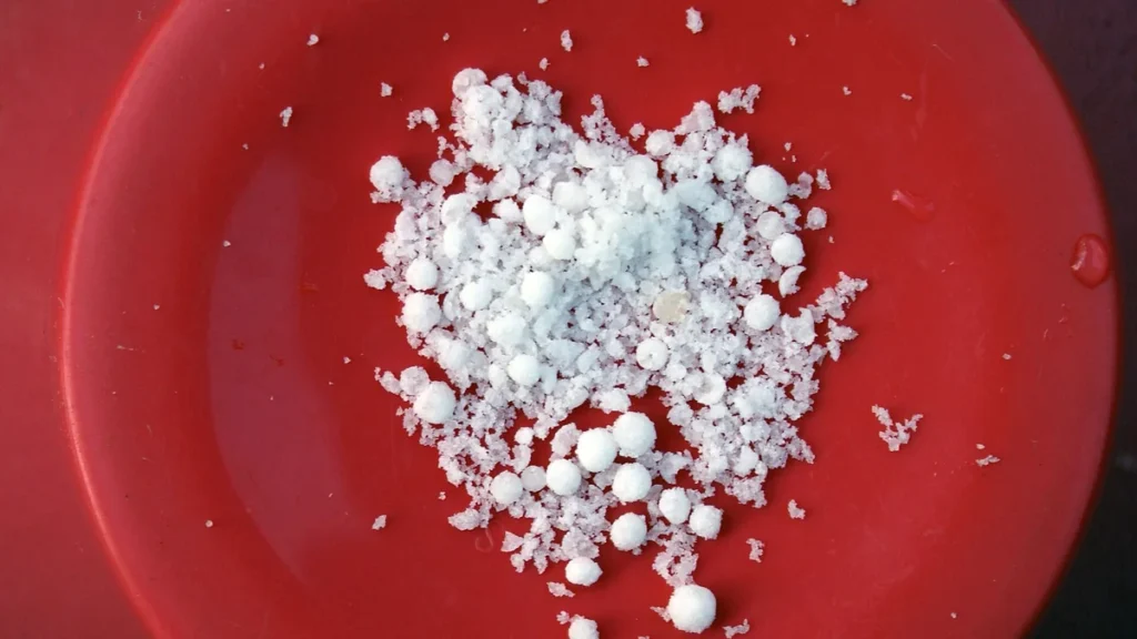 Ammonium nitrate prills in a red dish