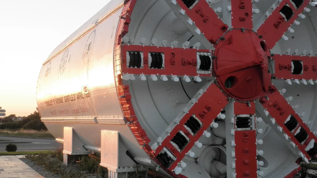 Cutterhead of a large tunnel boring machine on display