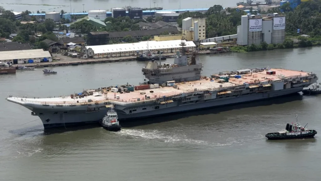 INS Vikrant, the indigenous aircraft carrier, during basin trials at Cochin Shipyard