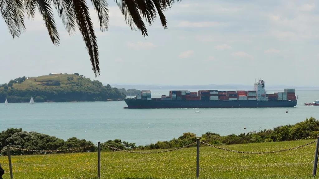 Container ship arriving at the Ports of Auckland, New Zealand