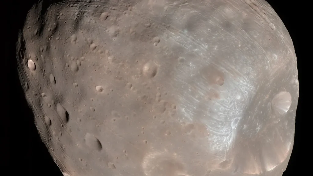 Close-up of the cratered Martian moon Phobos