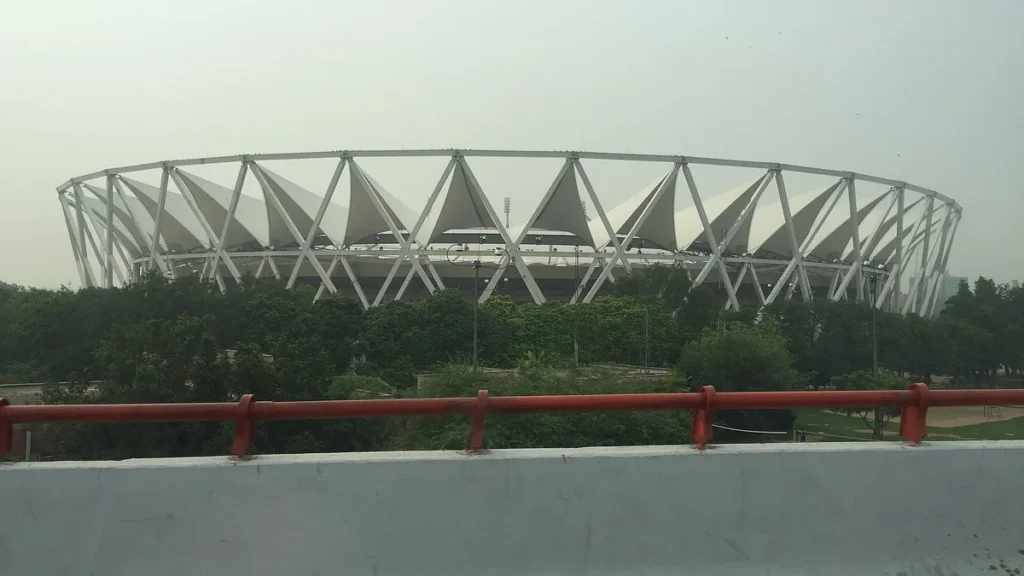 The white canopy of Jawaharlal Nehru Stadium, New Delhi, seen from outside