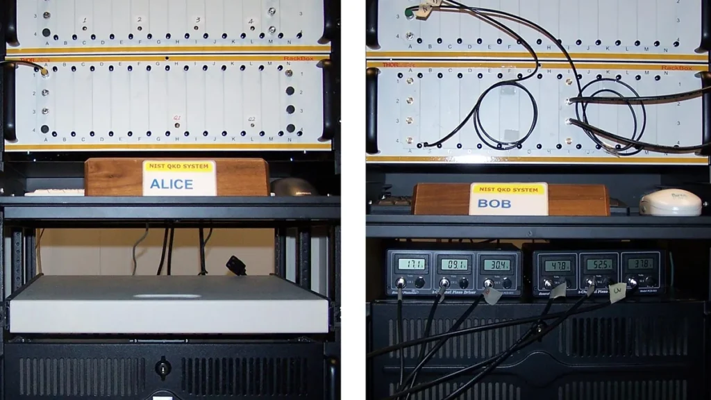 Racks of quantum key distribution equipment in a laboratory