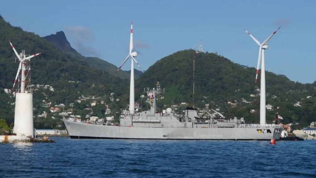 Indian Navy training ship INS Tir entering Port Victoria harbour, Seychelles