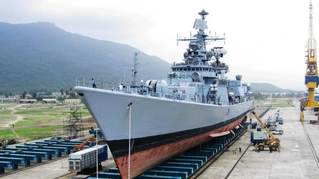 Indian Navy destroyer on the shiplift at the naval ship repair yard, Karwar