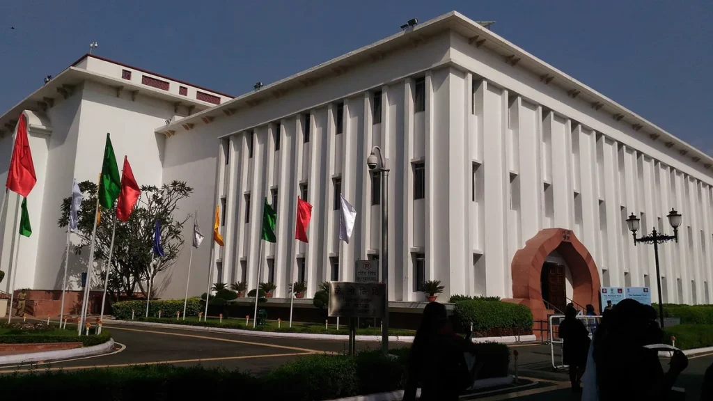 The white facade of Vigyan Bhawan in New Delhi