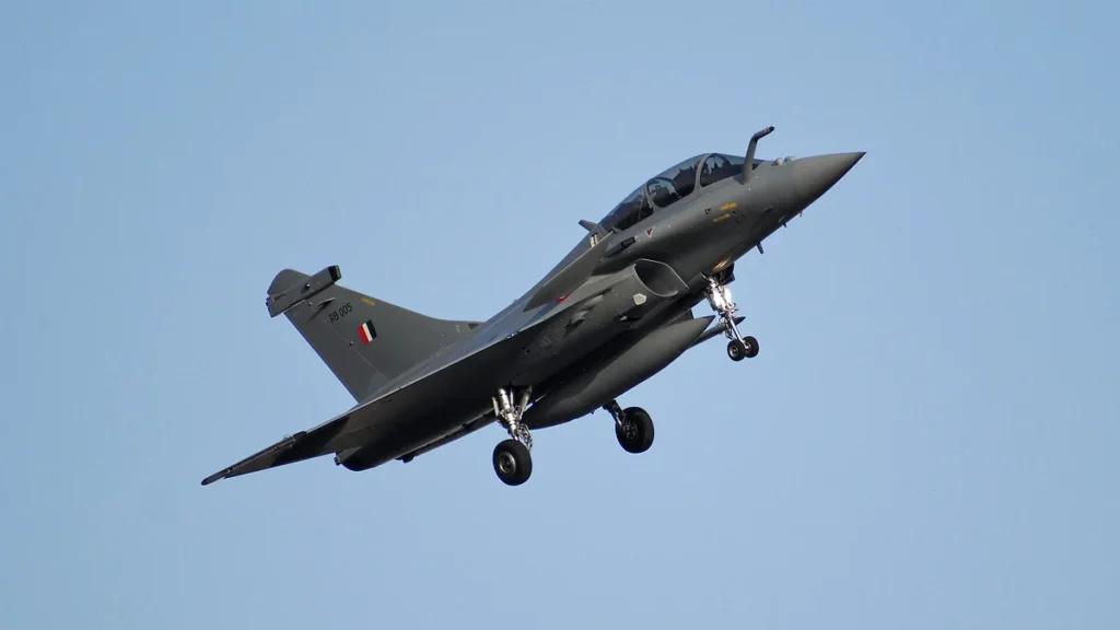 An Indian Air Force Rafale fighter taking off with landing gear down