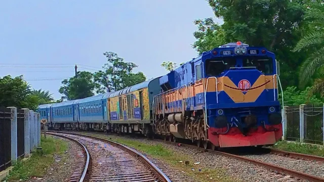 The Maitree Express train between Dhaka and Kolkata running through a junction in Bangladesh
