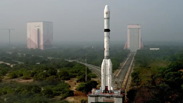 A GSLV rocket carrying a navigation satellite on the launch pad at Sriharikota