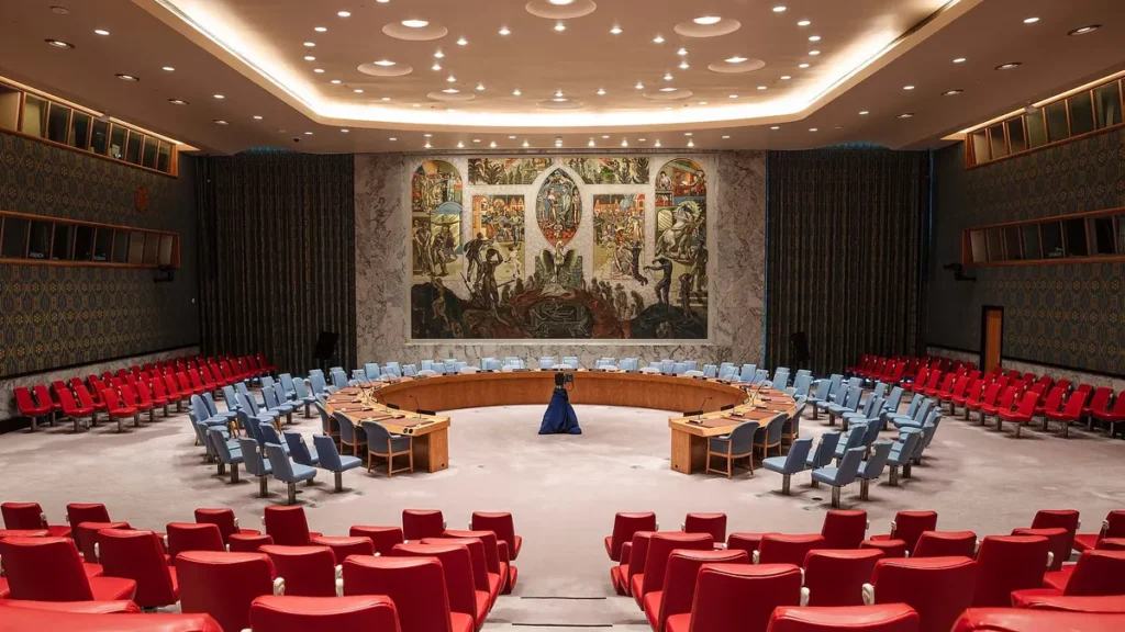 The horseshoe table and seats of the UN Security Council chamber in New York