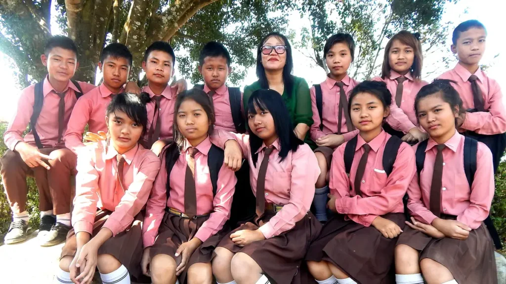 Students of a private school with their teacher in Hnahthial, Mizoram